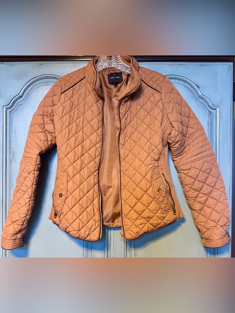 Love Tree Quilted Bomber Jacket in Tan
